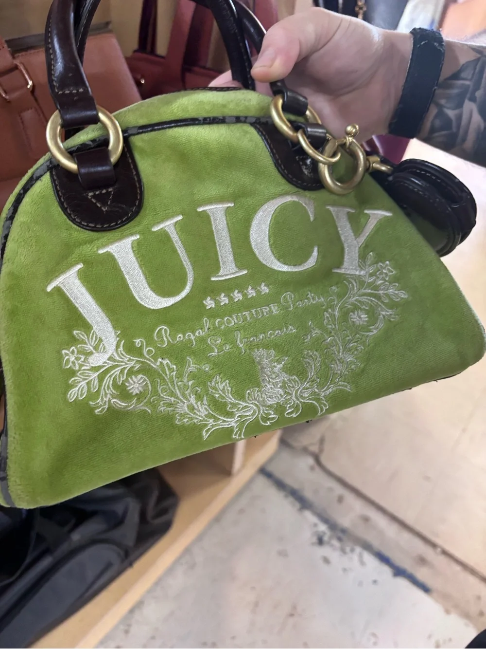 Juicy Couture Y2K VINTAGE Green velour PURSE with Dark Brown Trim